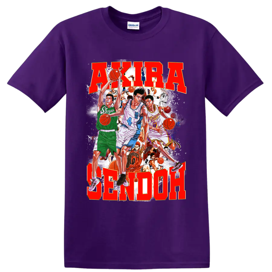 Slam Dunk manga collage with Sendoh, Fujima, Sakuragi and bold AKIRA SENDOH text on a Purple T Shirt