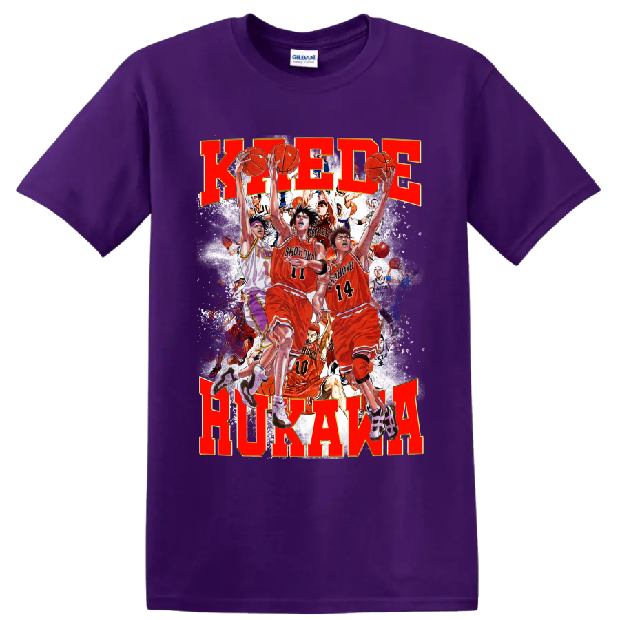Kaede Rukawa Slam Dunk manga-style Shohoku basketball action collage on a Purple T Shirt