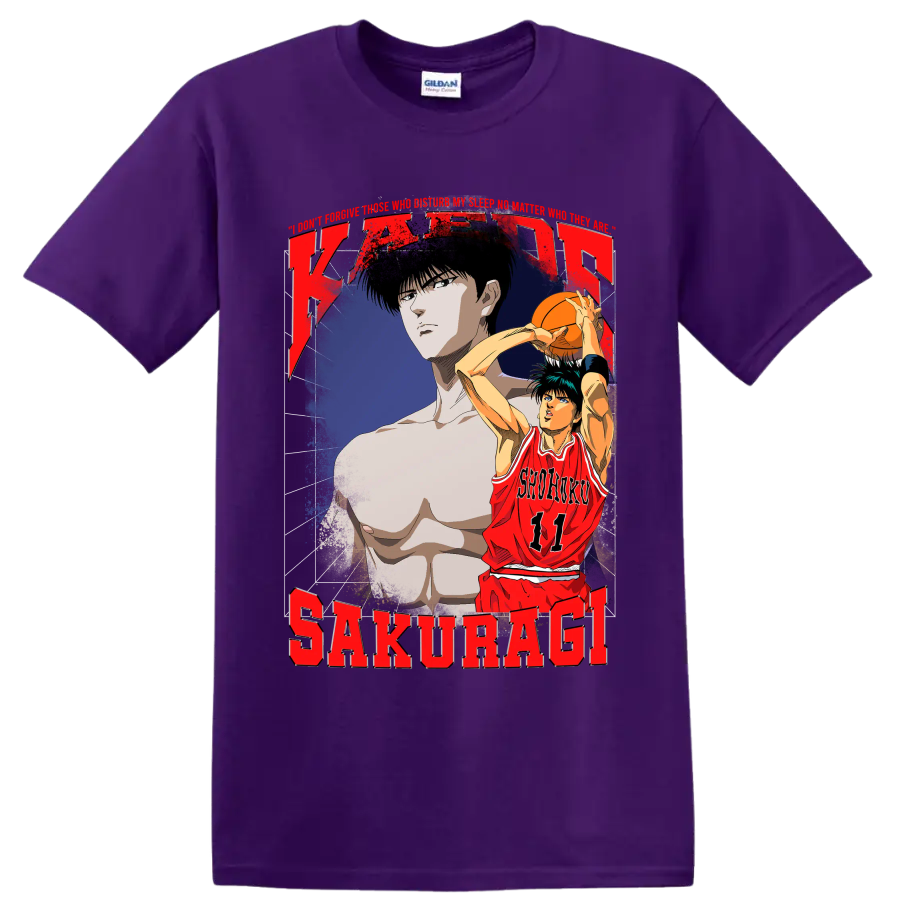 Kaede Rukawa Slam Dunk distressed Shohoku 11 basketball anime graphic on a Purple T Shirt
