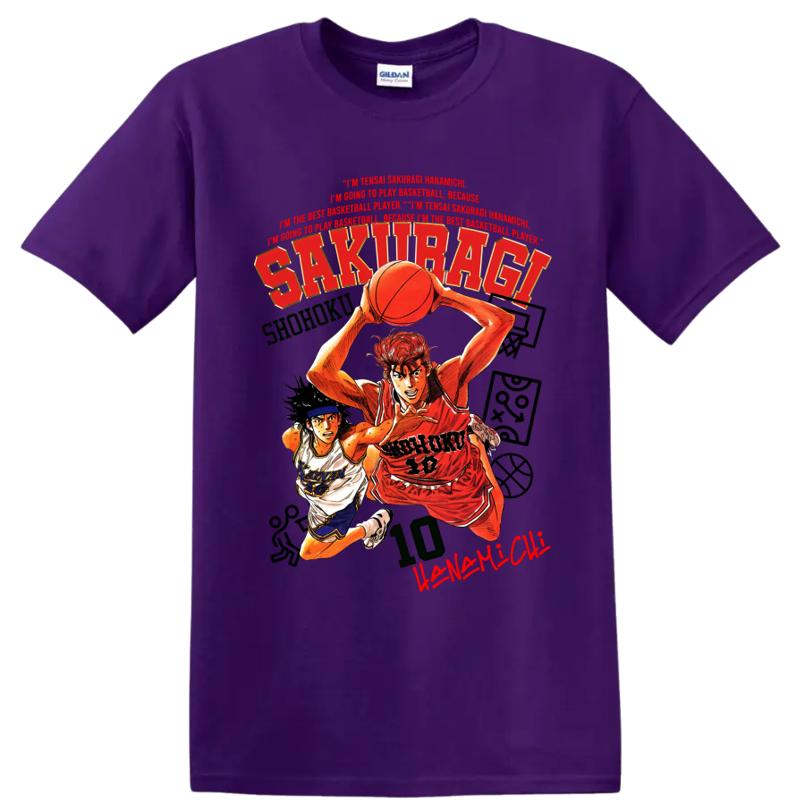 Slam Dunk manga graphic of Hanamichi Sakuragi and Nobunaga Kiyota playing basketball on a Purple T Shirt