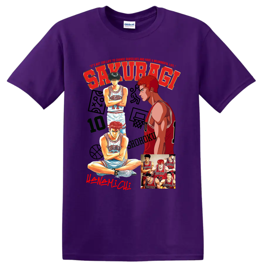 Slam Dunk manga collage of Hanamichi Sakuragi, Kaede Rukawa, and Shohoku players on a Purple T Shirt