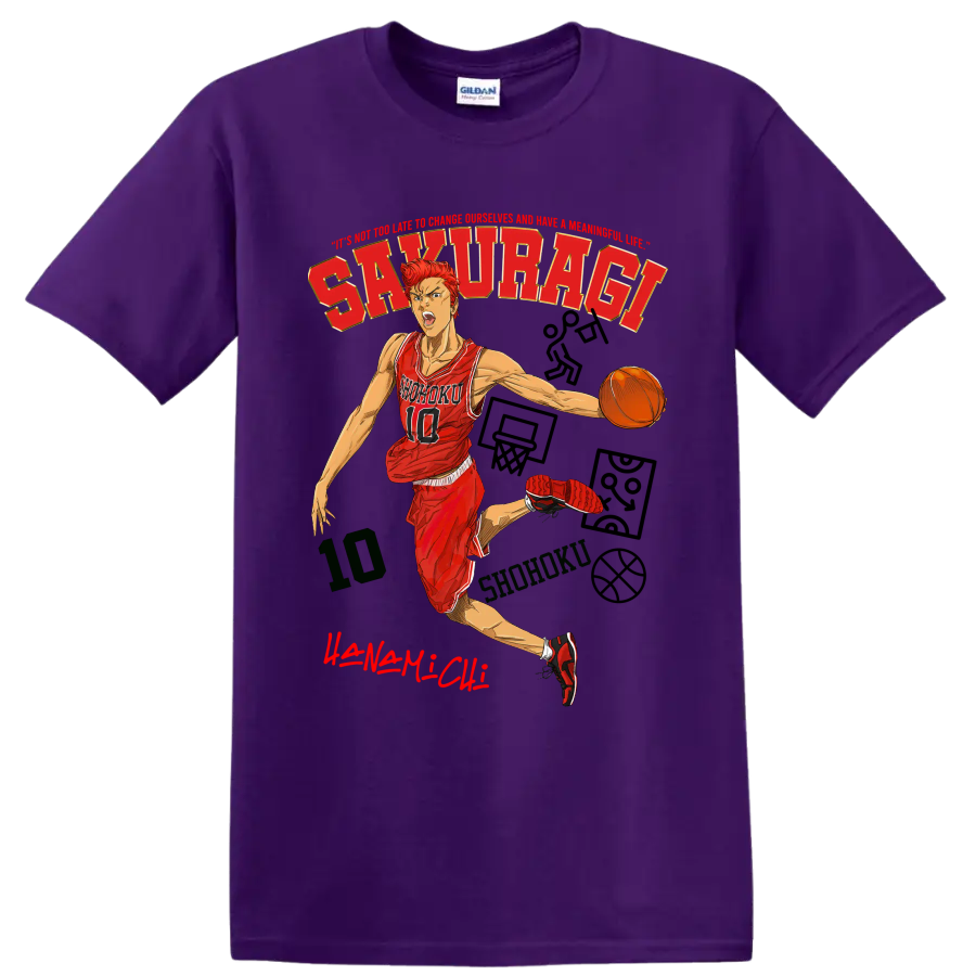 Hanamichi Sakuragi Slam Dunk manga basketball action graphic with Shohoku jersey on a Purple T Shirt