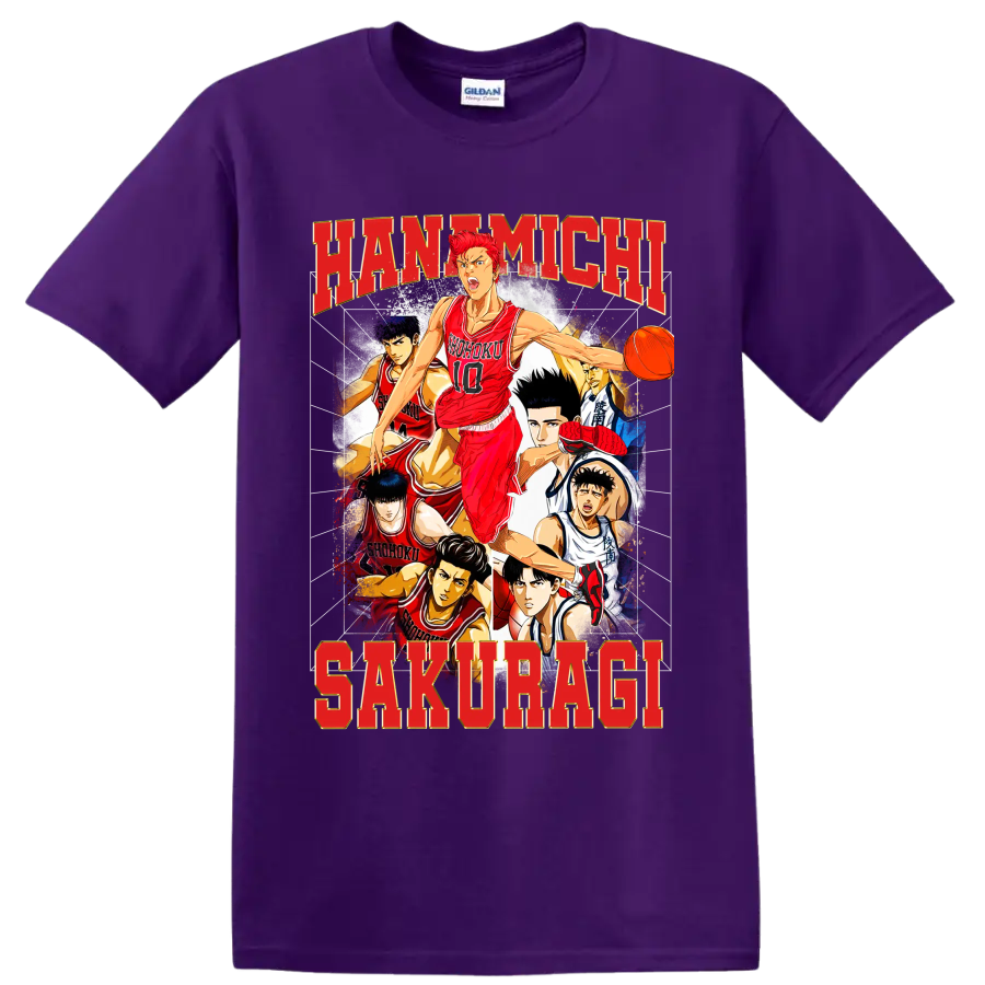 Hanamichi Sakuragi Slam Dunk manga basketball collage with Shohoku players on a Purple T Shirt