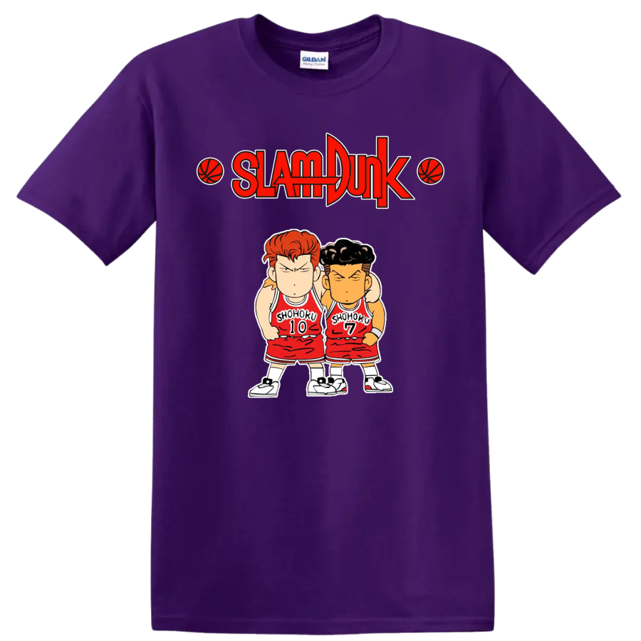 Chibi Hanamichi Sakuragi and Ryota Miyagi in Shohoku uniforms beneath Slam Dunk logo on a Purple T Shirt