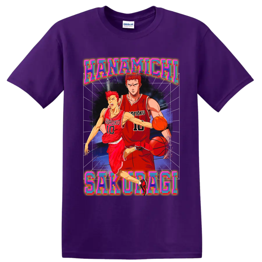 Hanamichi Sakuragi Slam Dunk basketball action in colorful retro poster art on a Purple T Shirt