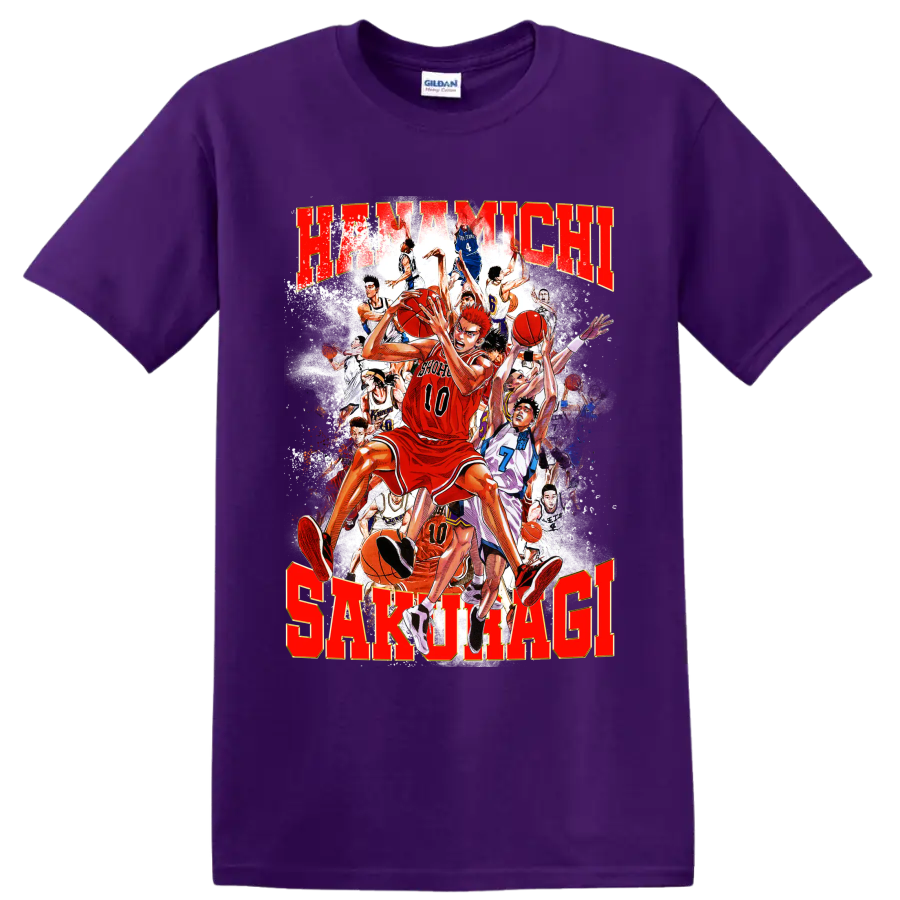 Hanamichi Sakuragi Slam Dunk manga basketball collage with distressed red lettering on a Purple T Shirt