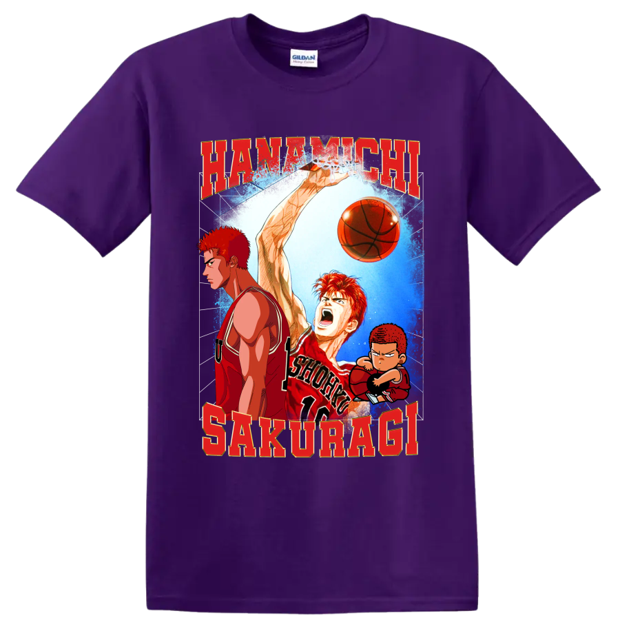 Hanamichi Sakuragi Slam Dunk manga basketball graphic with red lettering and chibi art on a Purple T Shirt