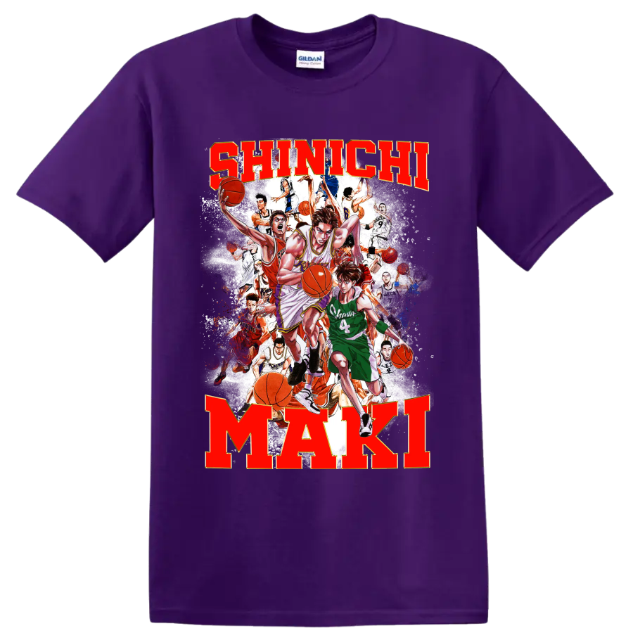 Shinichi Maki Slam Dunk manga basketball collage with bold name lettering on a Purple T Shirt