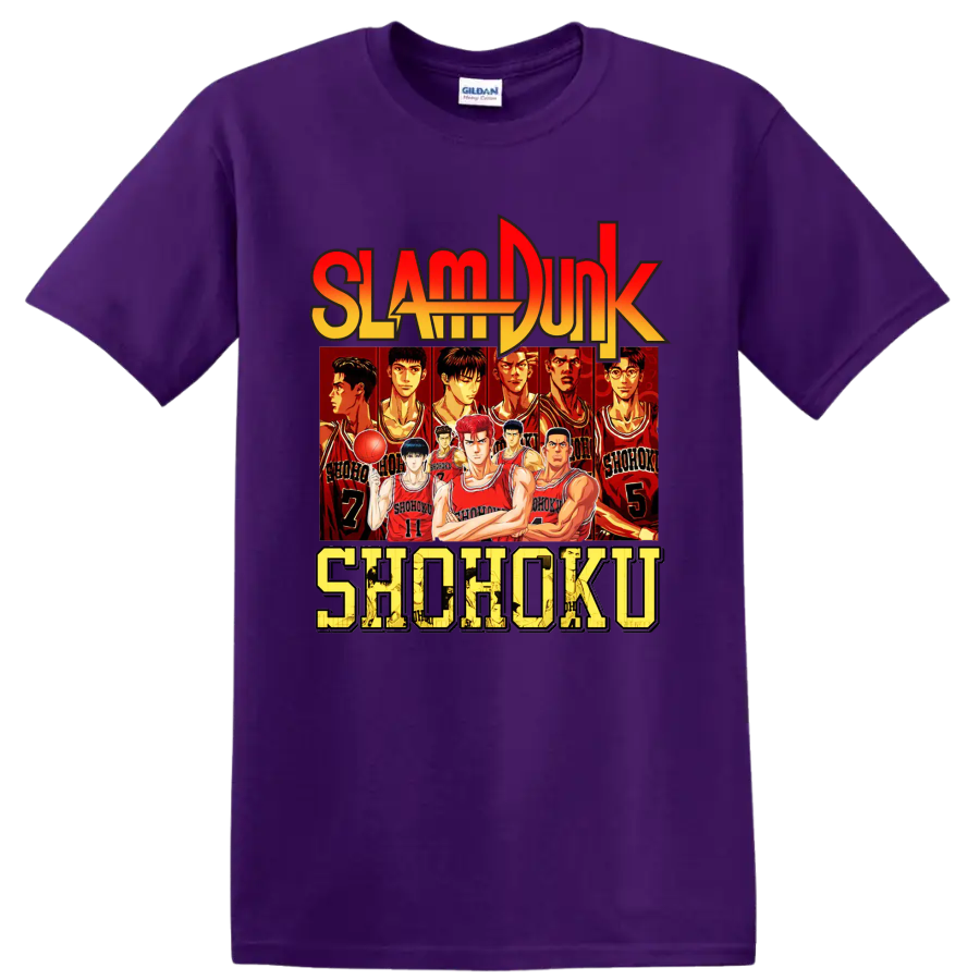 Slam Dunk Shohoku basketball team anime graphic with red jersey player lineup on a Purple T Shirt
