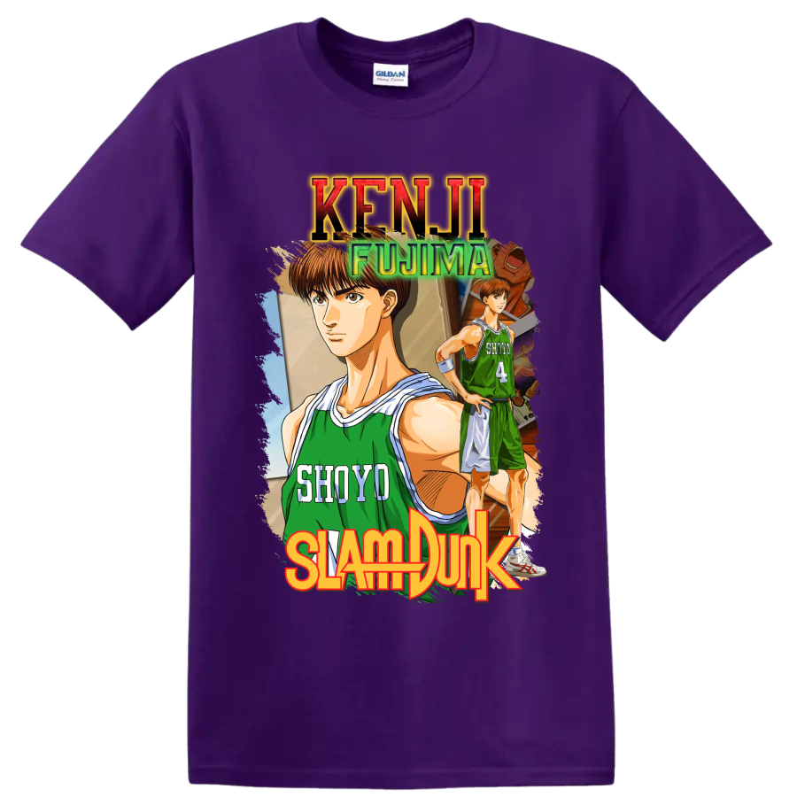 Kenji Fujima Slam Dunk manga basketball graphic with Shoyo jersey number 4 on a Purple T Shirt
