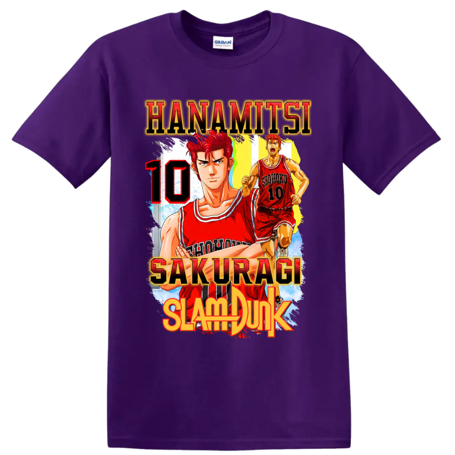 Hanamichi Sakuragi Slam Dunk manga basketball graphic with red number 10 on a Purple T Shirt