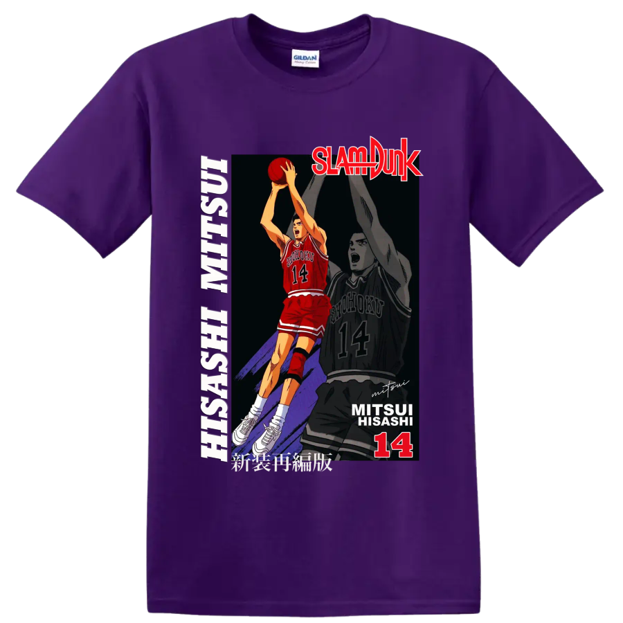 Hisashi Mitsui No. 14 Slam Dunk basketball action manga graphic print on a Purple T Shirt