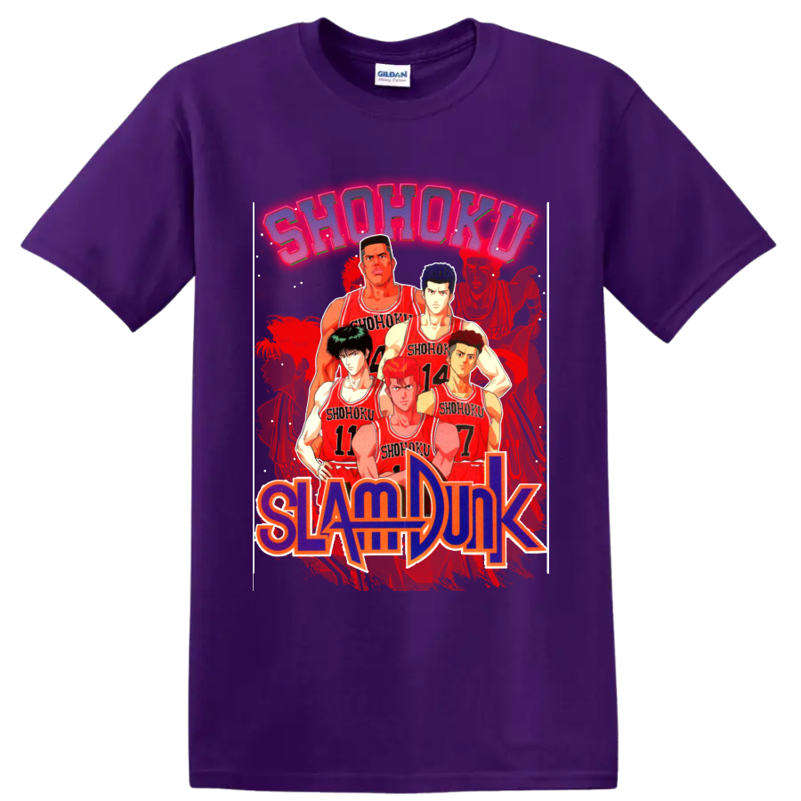 Slam Dunk Shohoku basketball team lineup in red jerseys with bold manga lettering on a Purple T Shirt