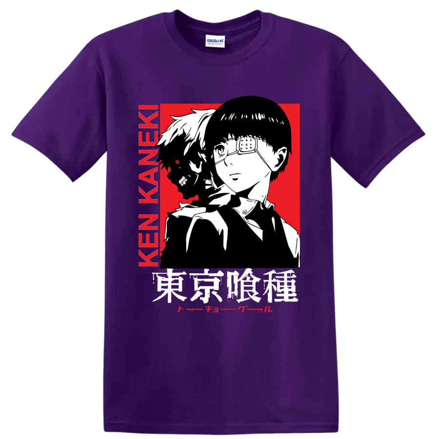 Ken Kaneki Tokyo Ghoul manga portrait with glasses, dark profile, and red backdrop on a Purple T Shirt