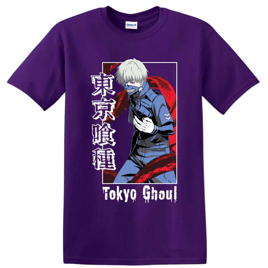 Ken Kaneki masked anime portrait with red kagune in dark Tokyo Ghoul manga style on a Purple T Shirt