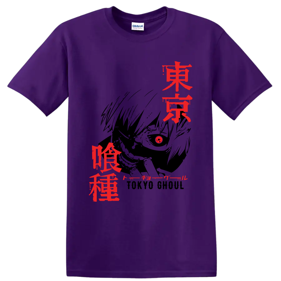 Ken Kaneki Tokyo Ghoul red Japanese title-style graphic print on a Purple T Shirt