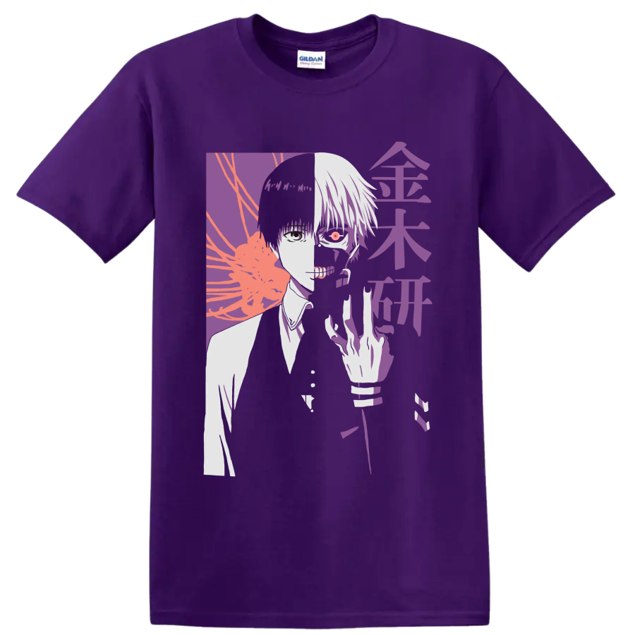 Ken Kaneki split-face Tokyo Ghoul manga portrait with red eye and purple graphic art on a Purple T Shirt