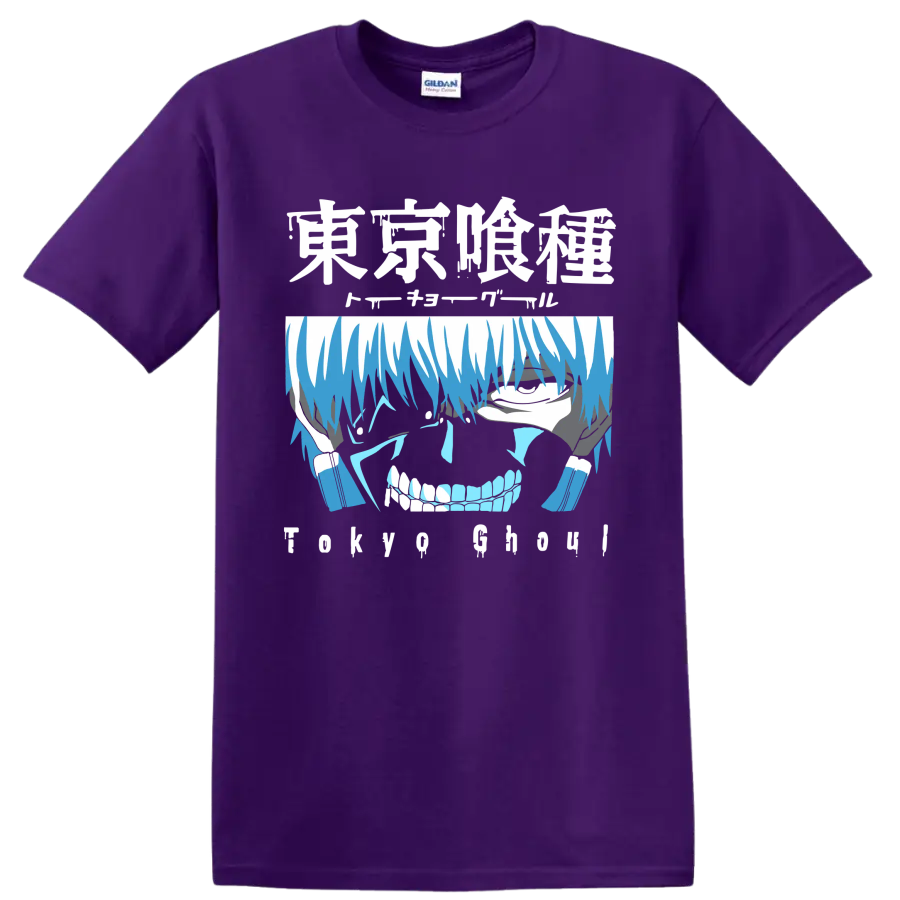 Ken Kaneki blue distressed anime portrait graphic from Tokyo Ghoul on a Purple T Shirt