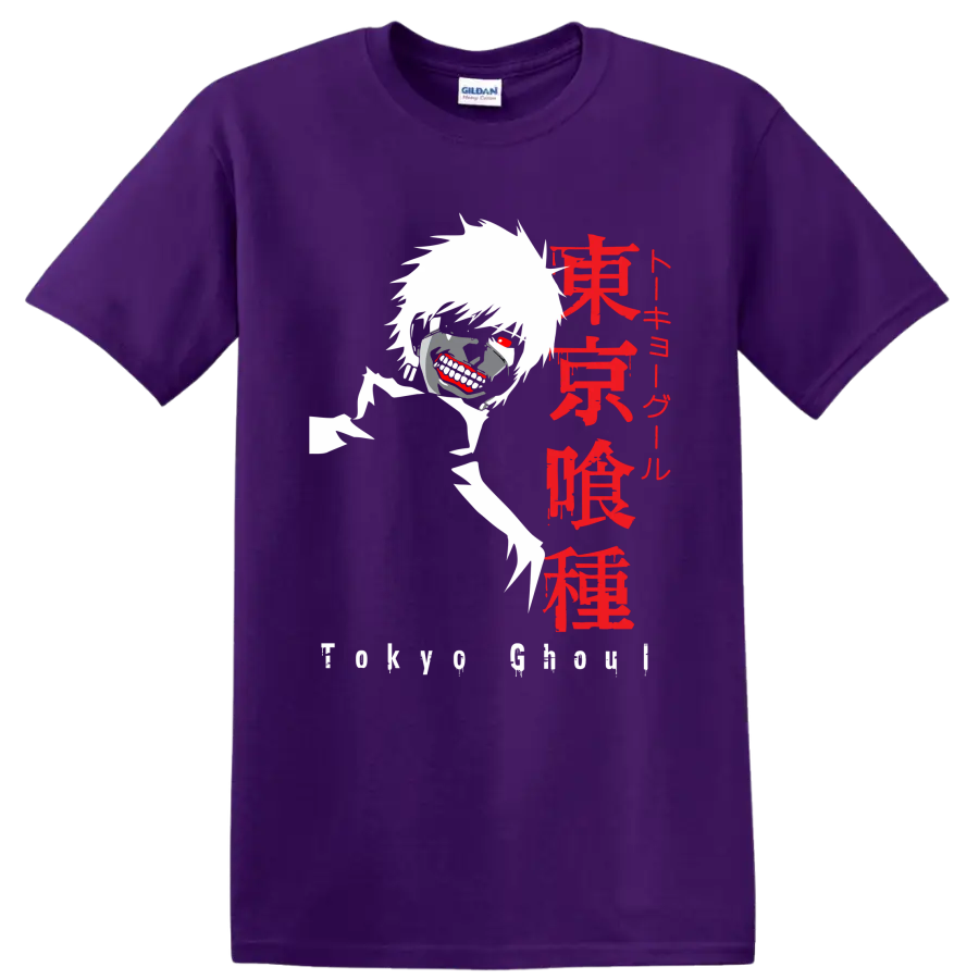 Ken Kaneki Tokyo Ghoul masked anime graphic with red eye and Japanese lettering on a Purple T Shirt
