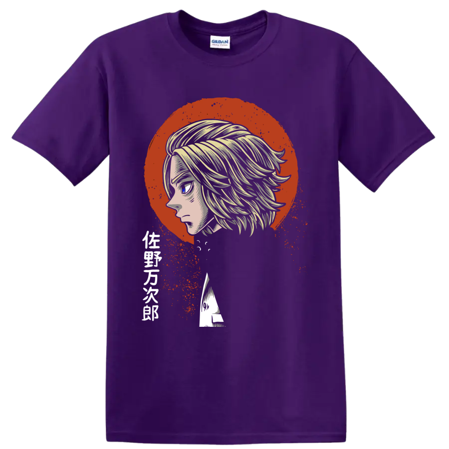 Manjiro Sano profile anime portrait with red distressed circle and splatter art on a Purple T Shirt
