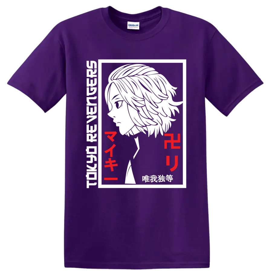 Manjiro Sano Mikey black-and-white manga portrait with red Japanese lettering on a Purple T Shirt