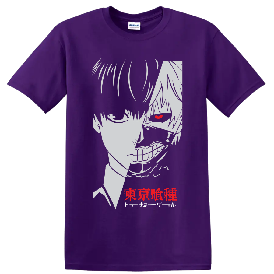 Ken Kaneki Tokyo Ghoul manga portrait with red eye, grin, and Japanese lettering on a Purple T Shirt