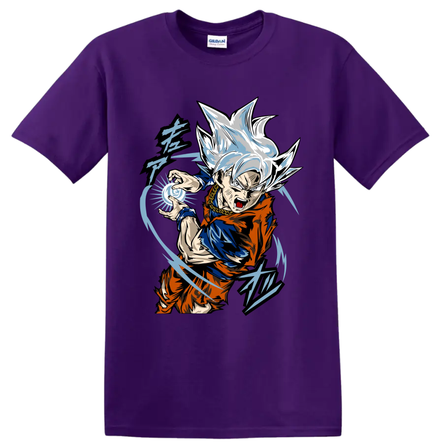Goku Ultra Instinct anime fighter with blue energy sphere and sweeping action lines on a Purple T Shirt