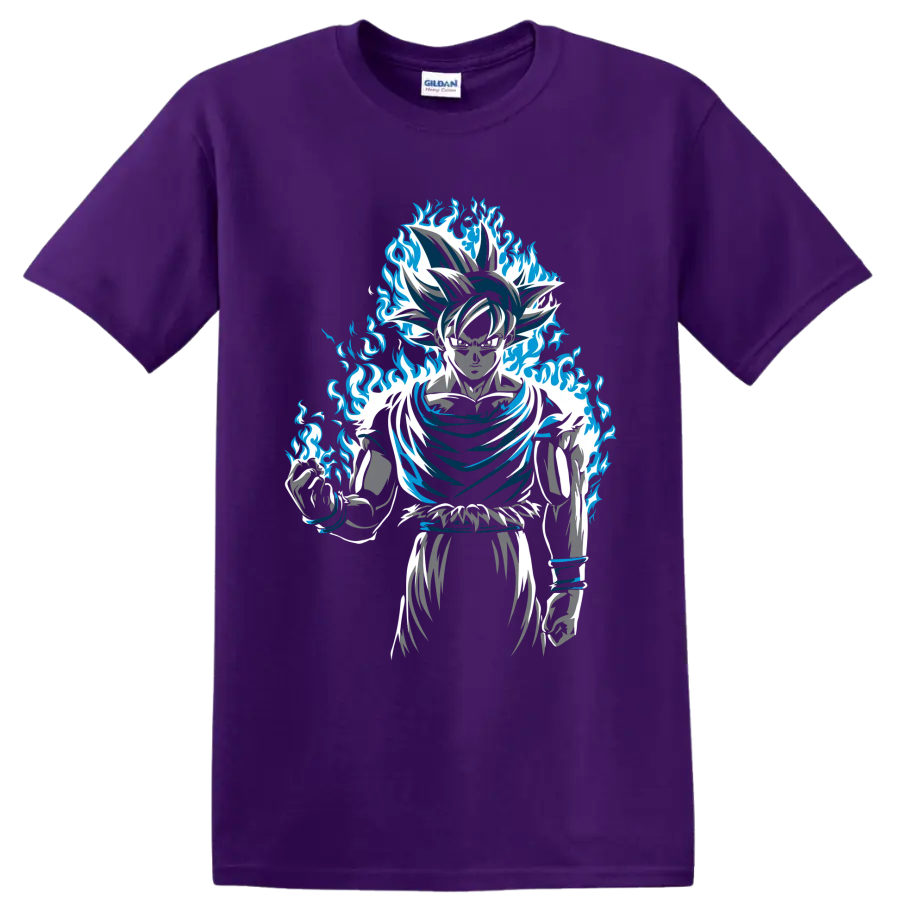 Goku Dragon Ball Super manga-style graphic with a dramatic blue flame aura on a Purple T Shirt