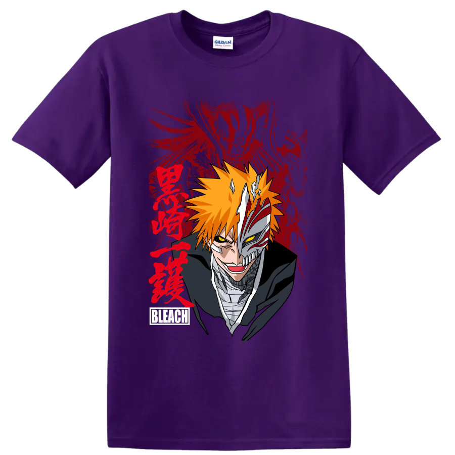 Ichigo Kurosaki split Hollow mask portrait with orange hair and red brushstroke art on a Purple T Shirt