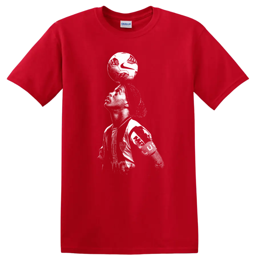 Retro soccer legend portrait of Ronaldinho Gaúcho style on black T - Red