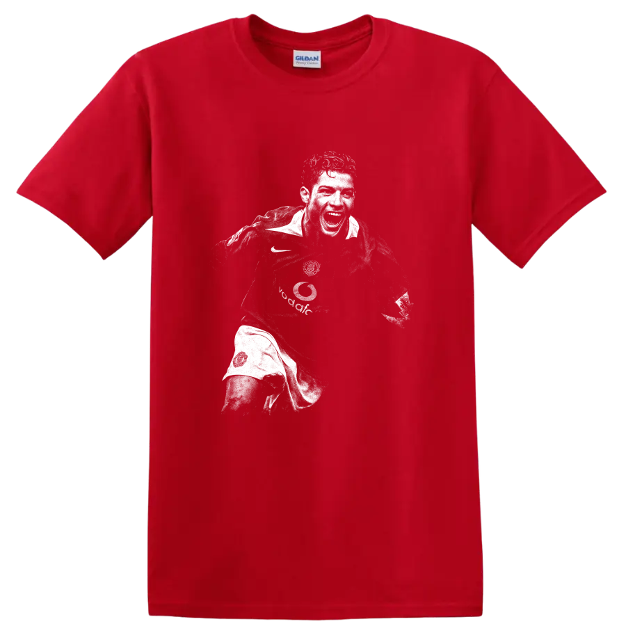 Retro black and white Cristiano Ronaldo soccer portrait graphic T - Red