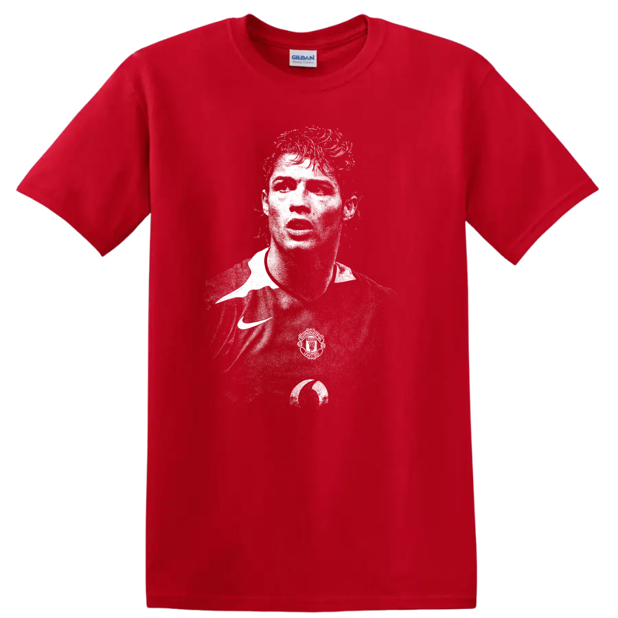 Retro black and white Cristiano Ronaldo portrait style T shirt - Red