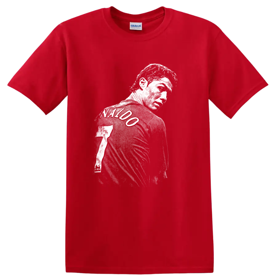 Retro soccer portrait of Cristiano Ronaldo style graphic T - Red