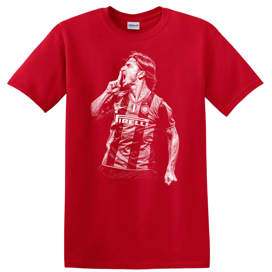 Black and white retro soccer player portrait graphic T Shirt featuring Zlatan - Red