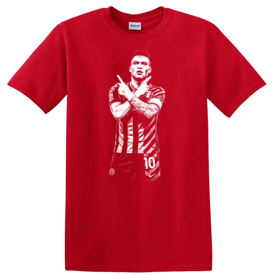 Black and white retro soccer portrait of Lautaro Martínez on a T - Red