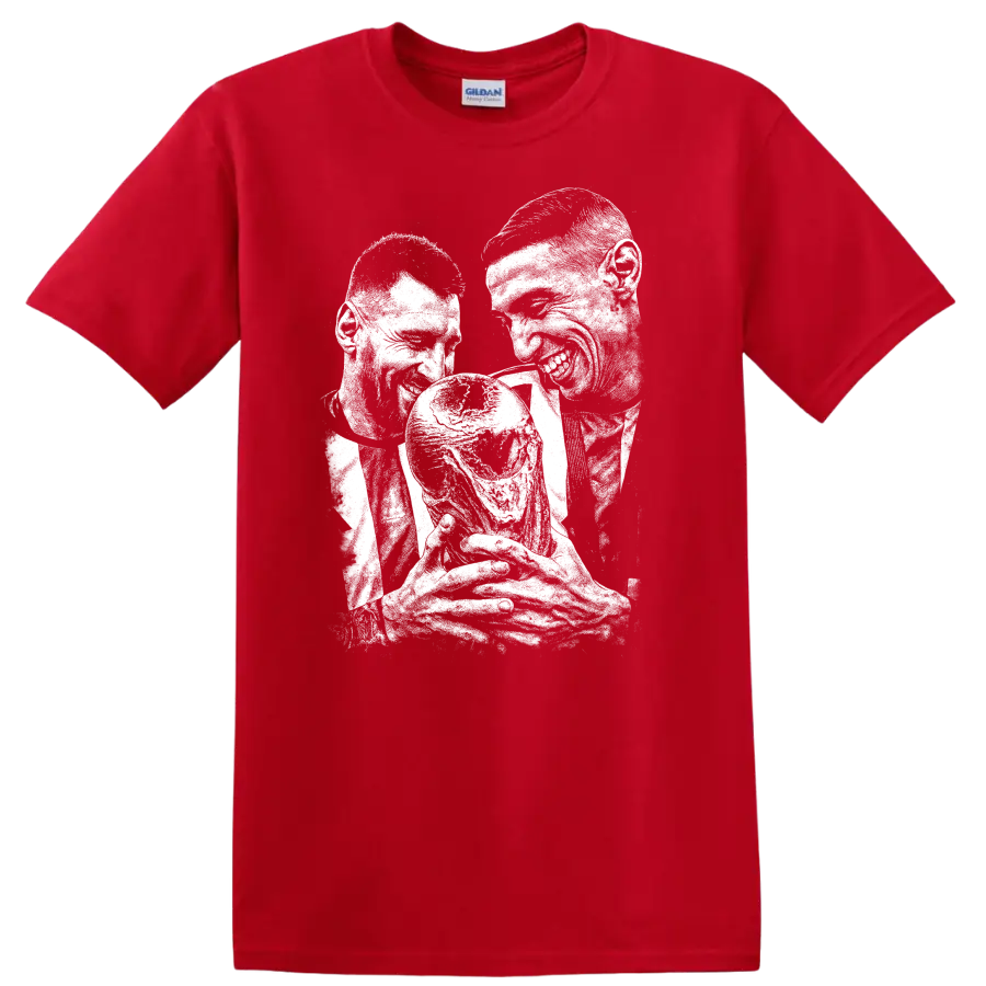 Retro soccer legend portrait design featuring Lionel Messi and Ángel Di María T - Red