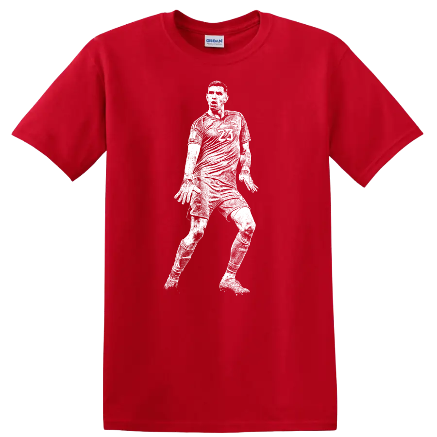 Black and white retro soccer player silhouette design for Emiliano Martínez T - Red