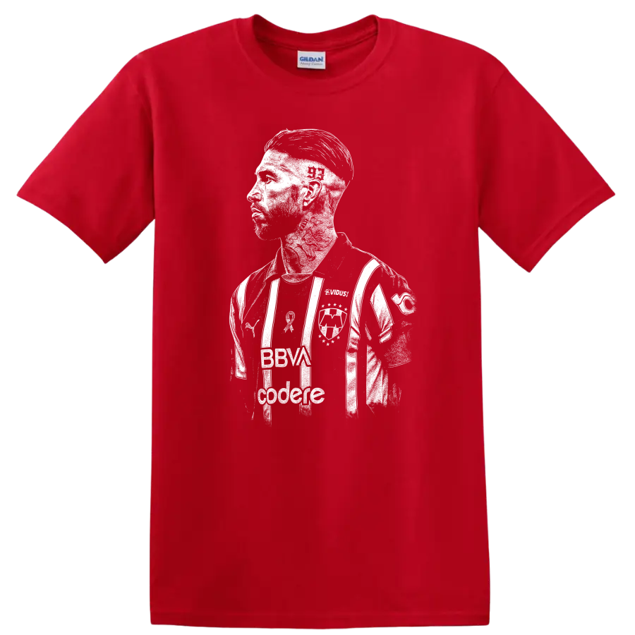 Retro style Sergio Ramos soccer portrait graphic on T - Red