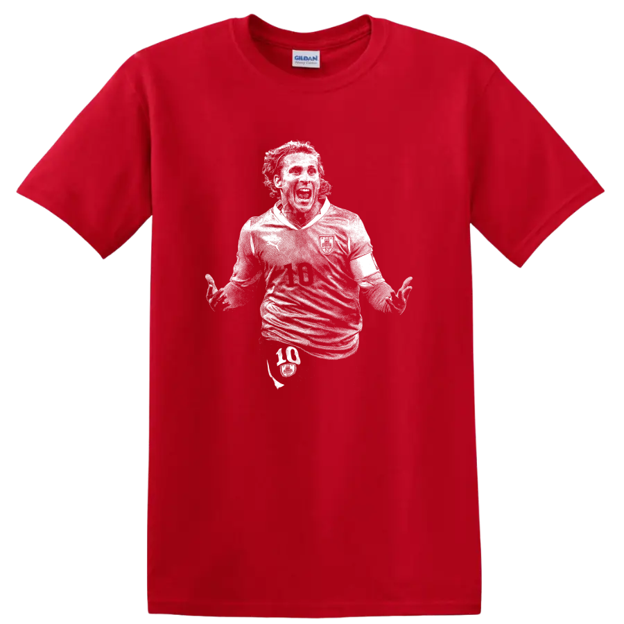 Retro soccer portrait silhouette inspired by Diego Forlán T - Red