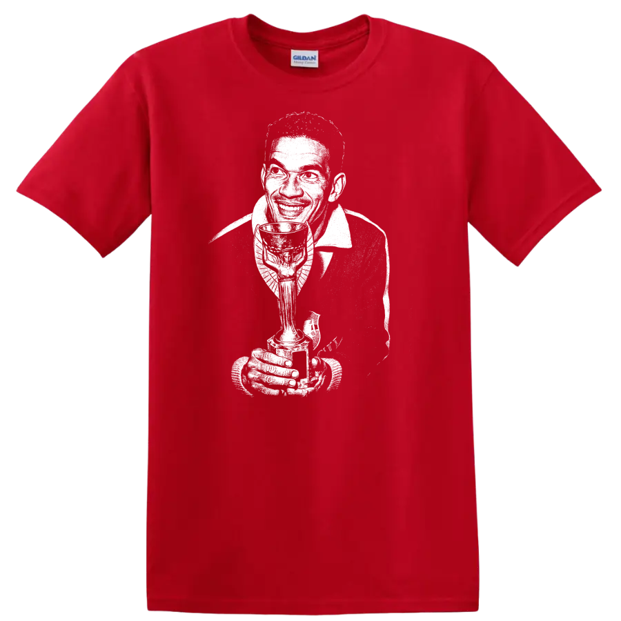 Black and white retro soccer portrait graphic T shirt of Manuel Francisco dos - Red