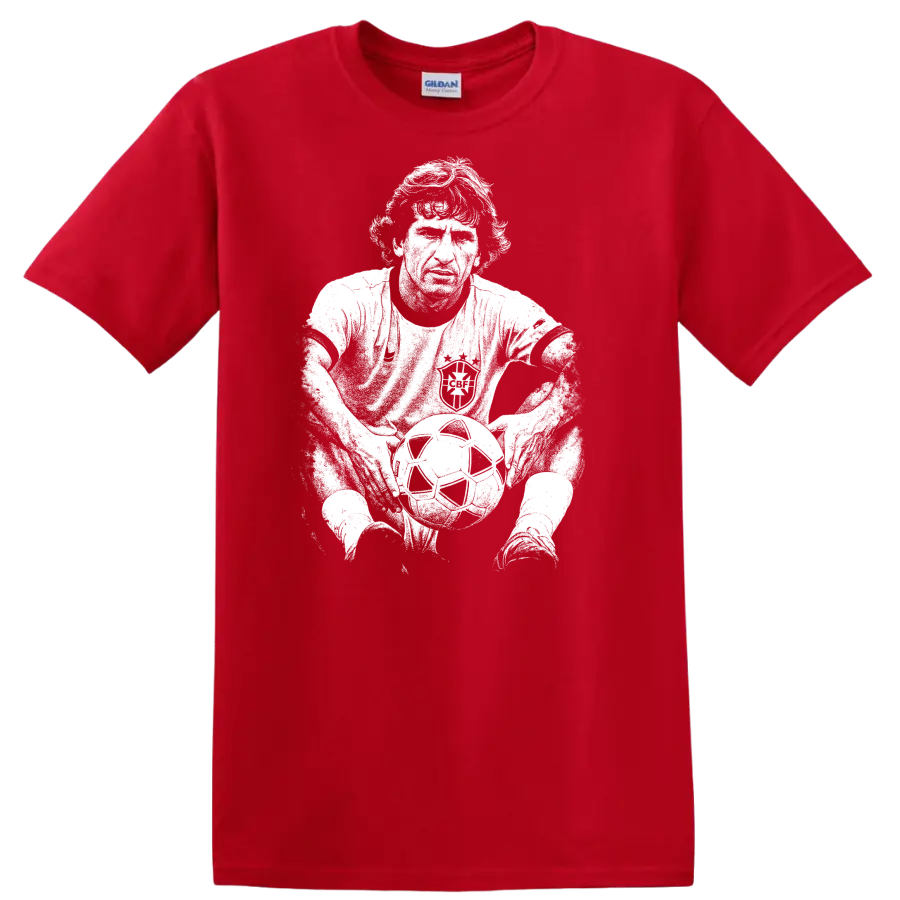 Retro soccer legend portrait style graphic inspired by Arthur Antunes Coimbra on a T - Red