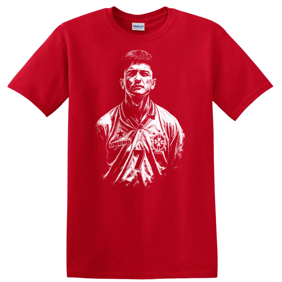 Retro soccer portrait of Romário de Souza Faria, legend style T shirt - Red