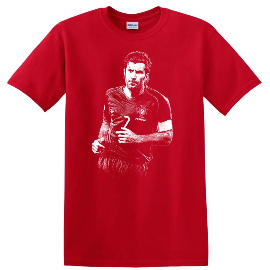 High-contrast retro soccer portrait of Luís Figo style graphic T-shirt - Red