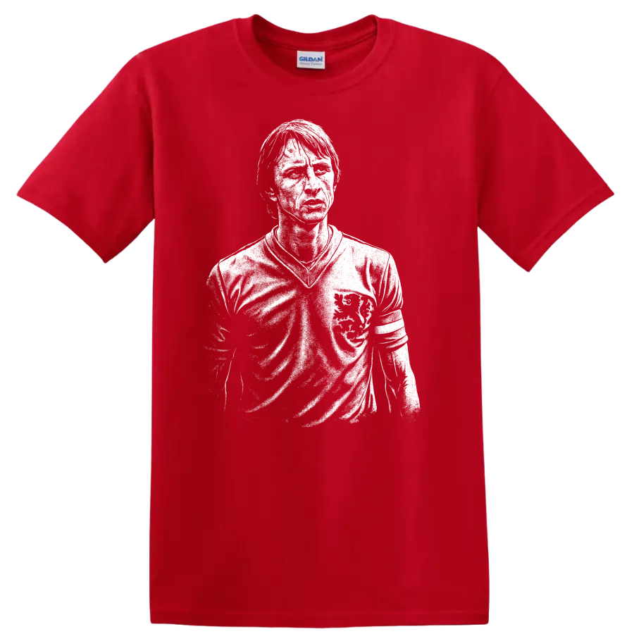 Black and white retro soccer portrait graphic T shirt inspired by Johan - Red