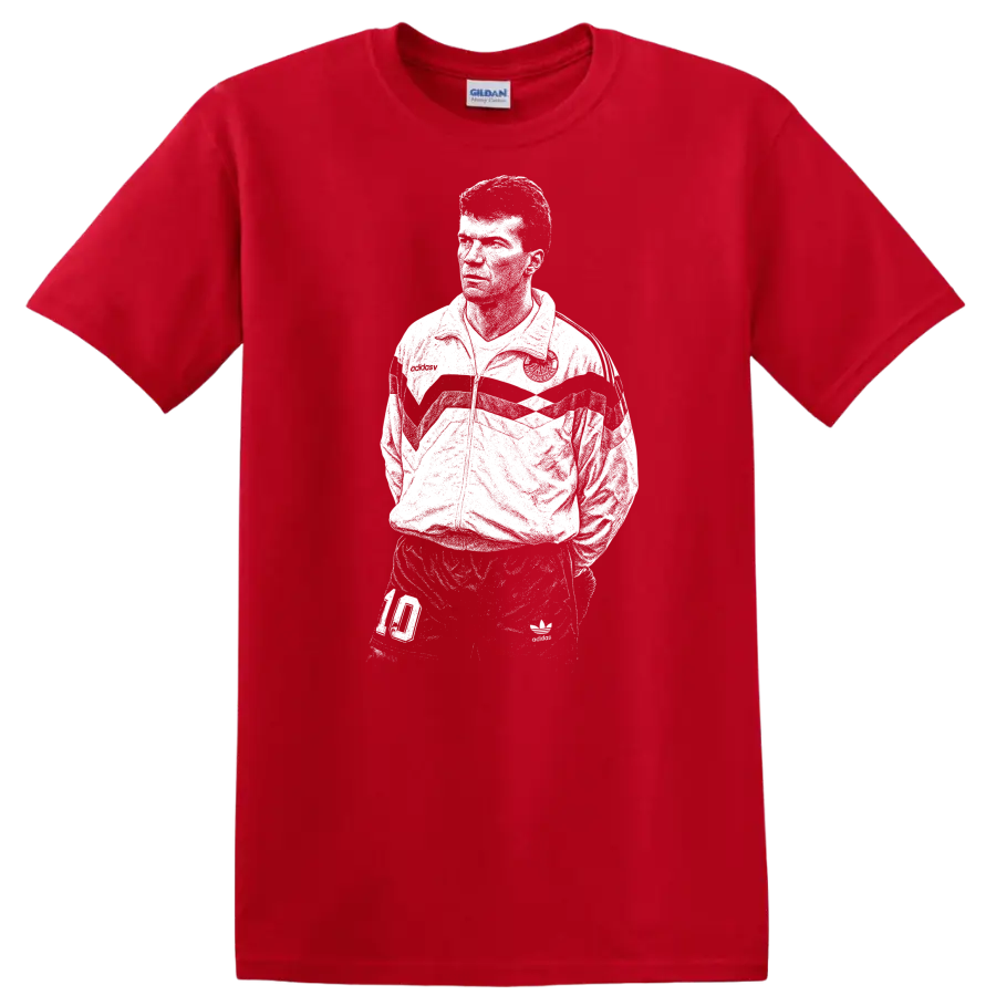 Retro soccer legend portrait graphic T Shirt inspired by Matthias - Red