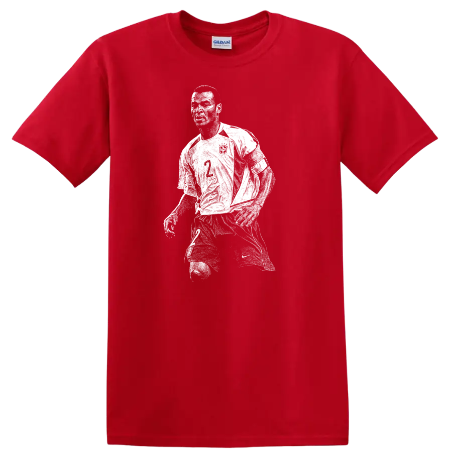 Retro pixel-style Ronaldo Nazário soccer portrait on black T - Red