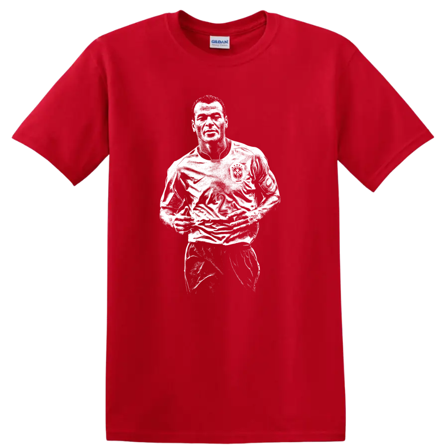 Retro soccer legend portrait style design inspired by Marcos Evangelista de Morais on T - Red