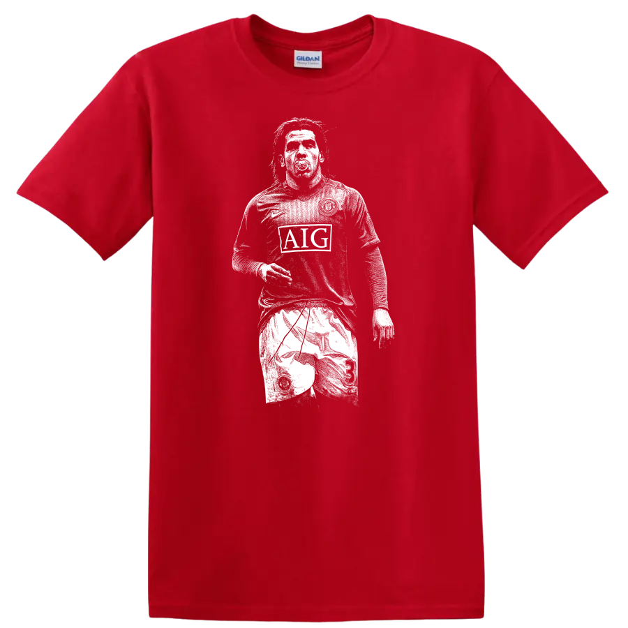 Retro soccer legend portrait style graphic featuring Carlos Alberto Tévez T - Red
