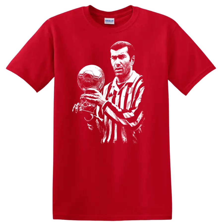 Black and white retro soccer portrait of Zinedine Zidane style T - Red