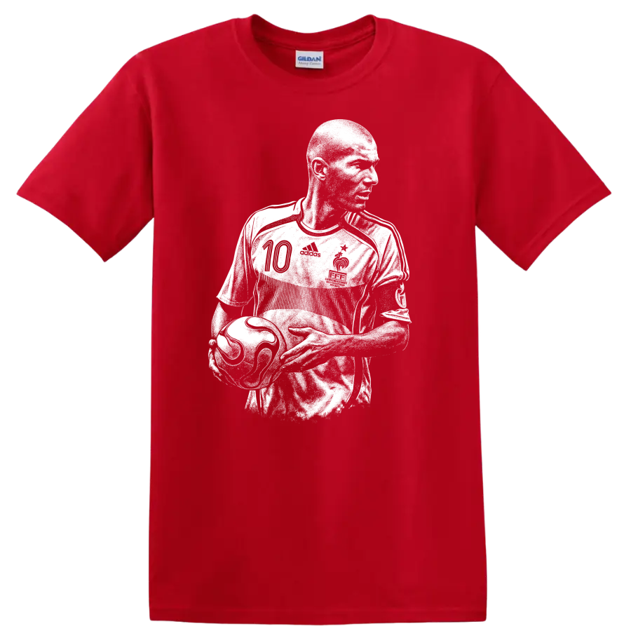Retro soccer portrait of Zinedine Zidane in bold black and white style T - Red